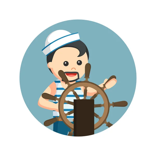 Marinheiro gordo com volante do navio em círculo fundo —  Vetores de Stock