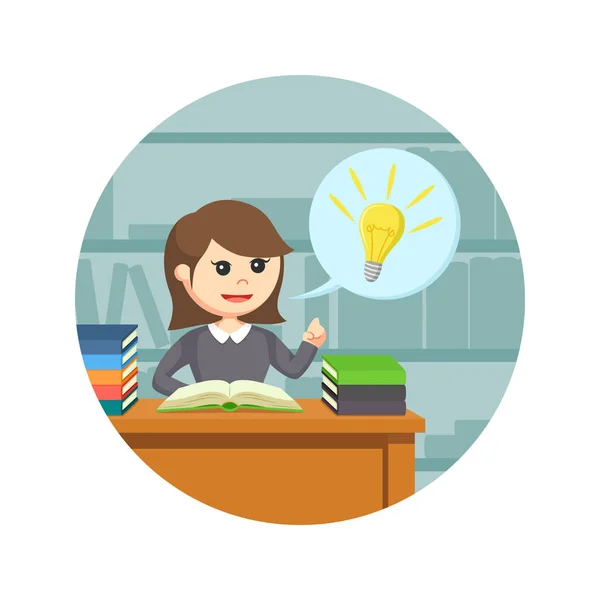 Female student got idea while reading a book in circle background — Stock Vector