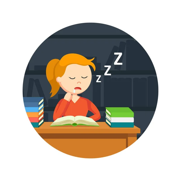 Kız öğrenci daire arka planda bir kitap okurken uyku — Stok Vektör
