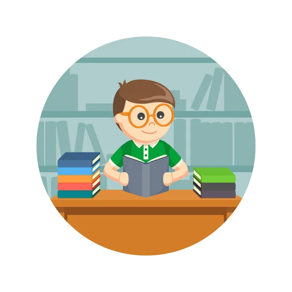 Estudiante masculino leyendo un libro en círculo fondo — Vector de stock