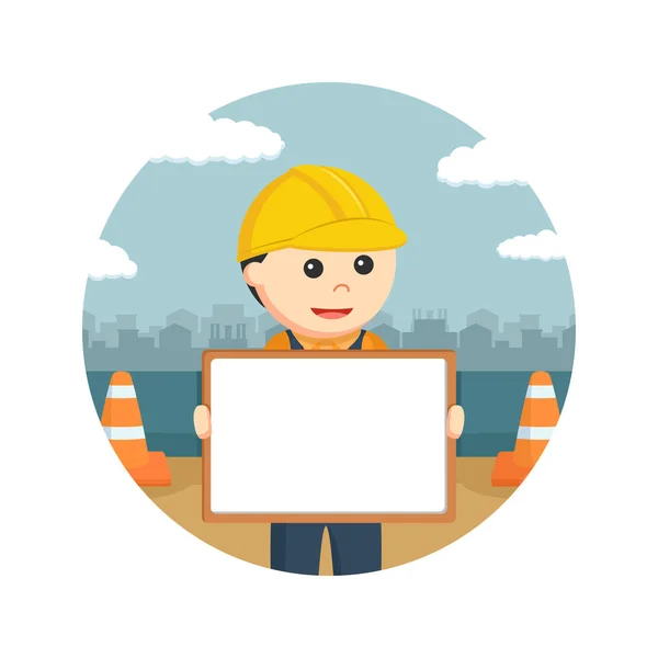 Construction worker holding whiteboard in circle background — Stock Vector