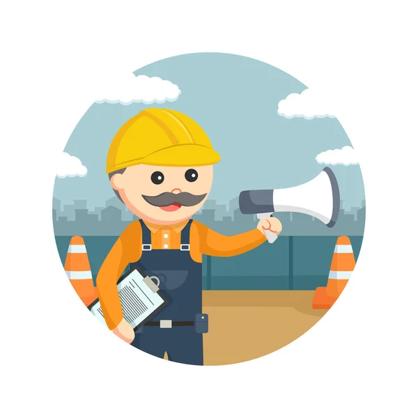 Trabalhador da construção segurando prancheta e megafone no fundo círculo — Vetor de Stock