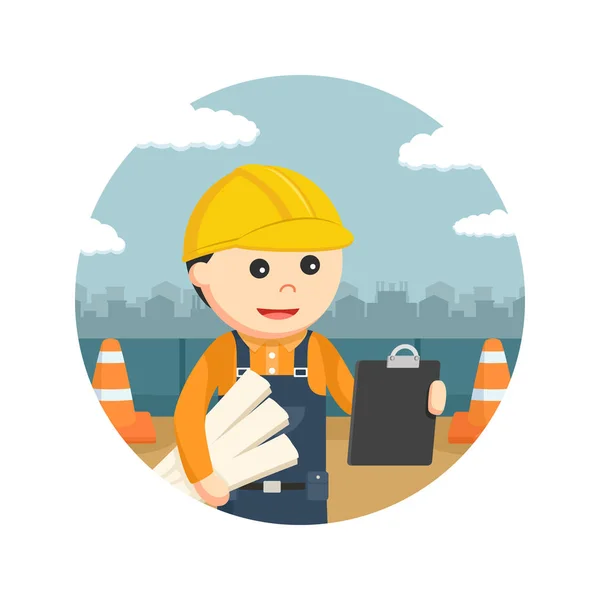 Trabajador de la construcción sosteniendo planos y portapapeles en el fondo del círculo — Vector de stock