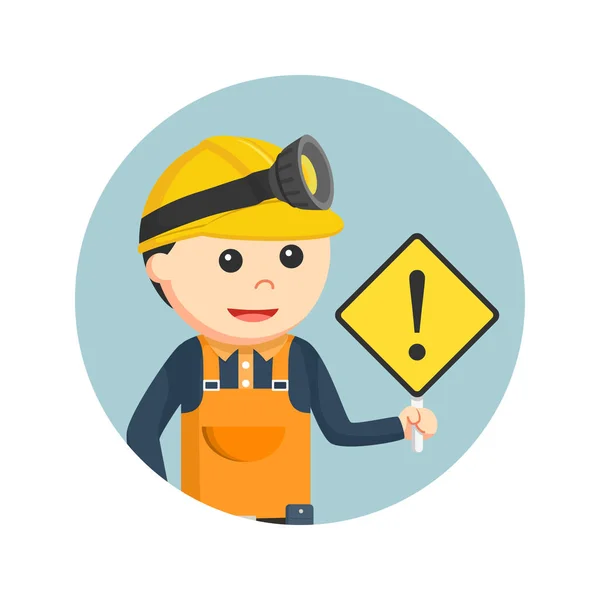 Miner holding waarschuwingsbord in cirkel achtergrond — Stockvector