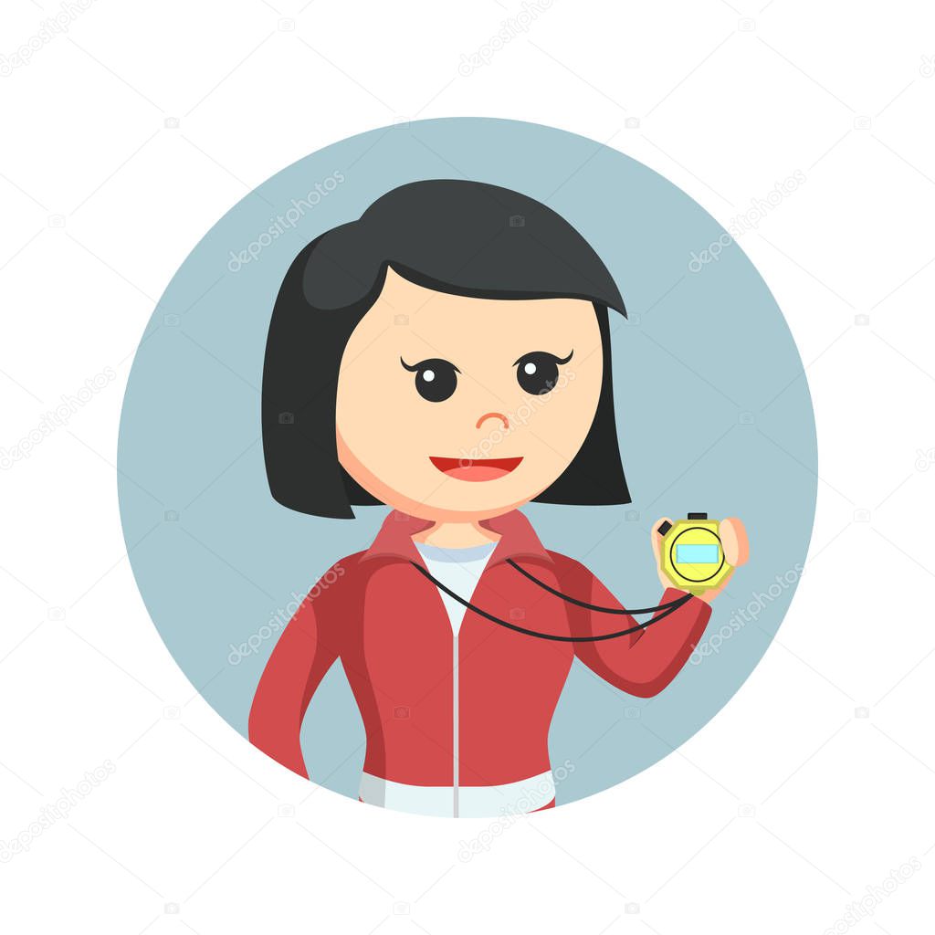 Female sport teacher holding stopwatch in circle background