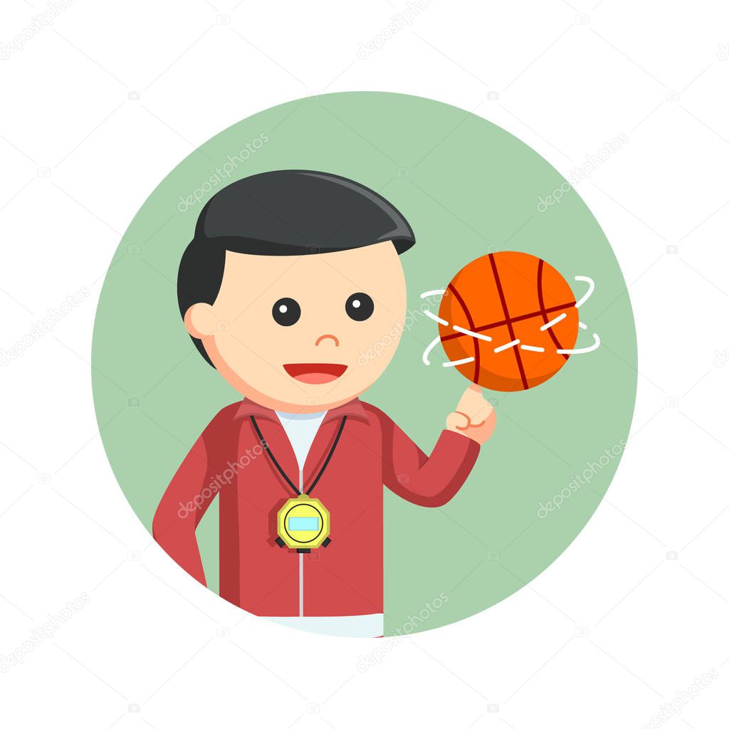Male sport teacher spinning basketball on his finger in circle background