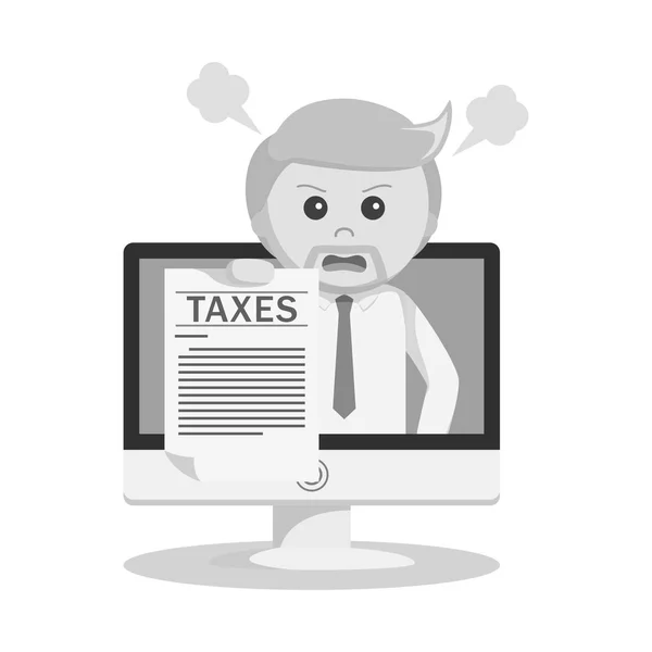 Черный и белый бизнесмен показывает законопроект о налогах с компьютера черно-белый стиль — стоковый вектор