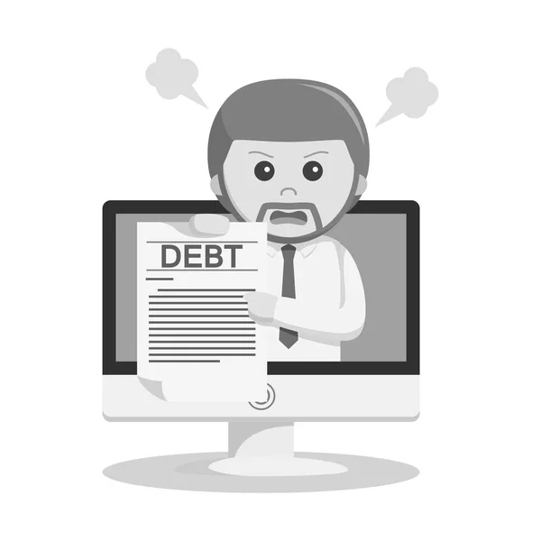Uomo d'affari in bianco e nero che mostra fattura del debito da computer in stile bianco e nero — Vettoriale Stock