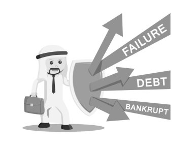 siyah ve beyaz Arap işadamı bir kalkan ile kendisine borç vergi bill siyah beyaz stilinden korumak için