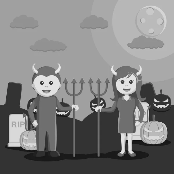 Negro y blanco pareja diablo en halloween noche negro y blanco estilo — Vector de stock