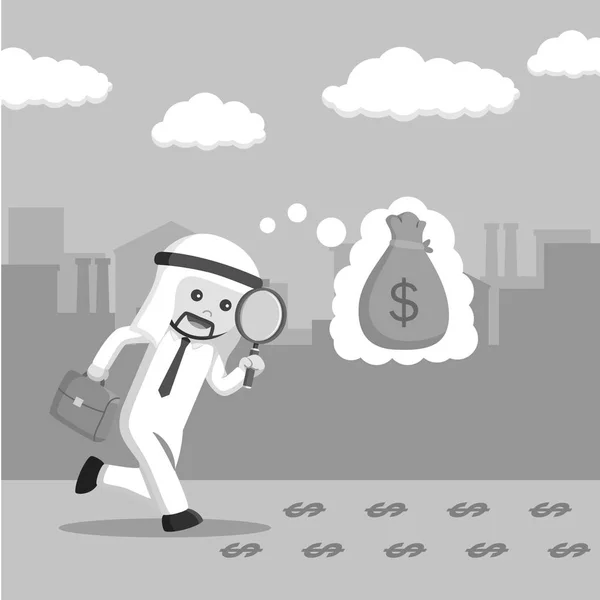 Hombres de negocios árabes en blanco y negro siguen el rastro del dinero con una lupa de estilo blanco y negro — Vector de stock