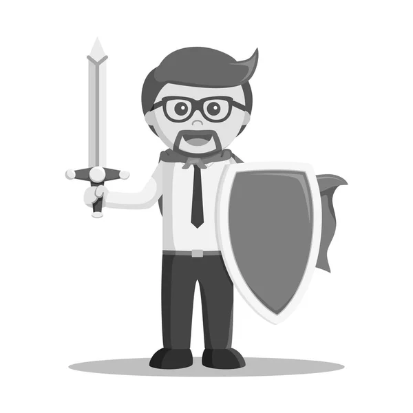 Noir et blanc super homme d'affaires stand avec épée et bouclier noir et blanc style — Image vectorielle