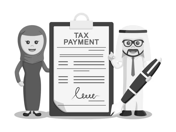 Black and white arab businessman and arab businesswoman with tax payment document black and white style — Stock Vector