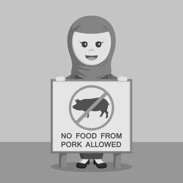 Mujer de negocios árabe blanco y negro con tablero de comida de cerdo prohibido estilo blanco y negro — Archivo Imágenes Vectoriales