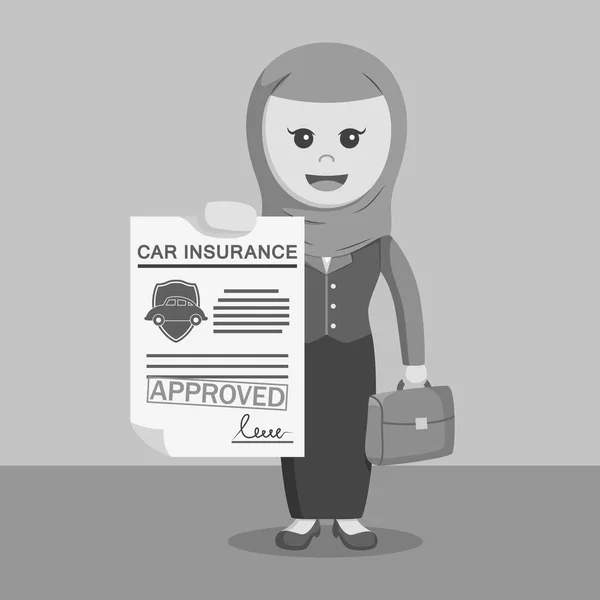 Black and white arab businesswoman with approved car insurance black and white style — Stock Vector