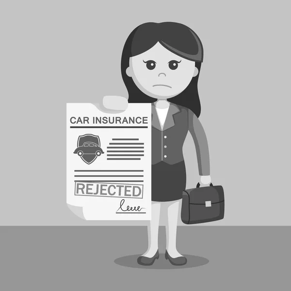 Black and white businesswoman with rejected car insurance black and white style — Stock Vector