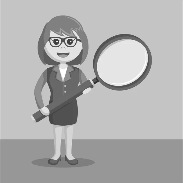 Black and white businesswomen holding big magnifying glass black and white style — Stock Vector