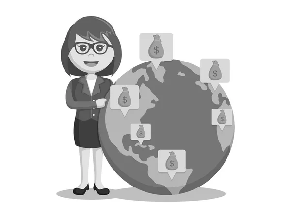 Mujeres de negocios en blanco y negro mostrando ubicación dólar en el mundo estilo blanco y negro — Archivo Imágenes Vectoriales
