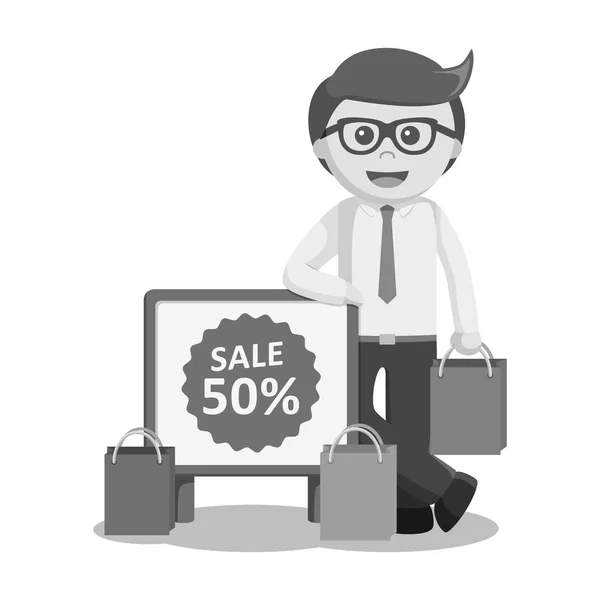 Black and white businessman standing beside a sign of discount black and white style — Stock Vector