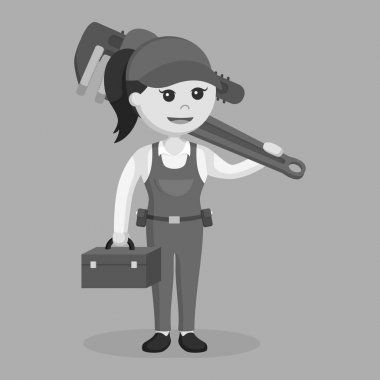 Araç kutusu ve dev siyah beyaz beyinameliyatı stil tutan kadın tesisatçı