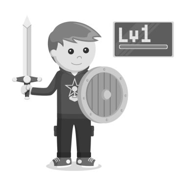 Düzey 1 rpg oyun holding kılıç ve siyah ve beyaz stil kalkan