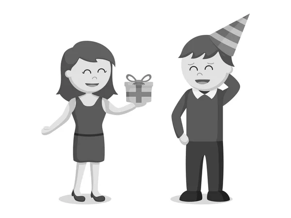 Girl Giving Her Boyfriend Birthday Present Black White Style — Stock Vector