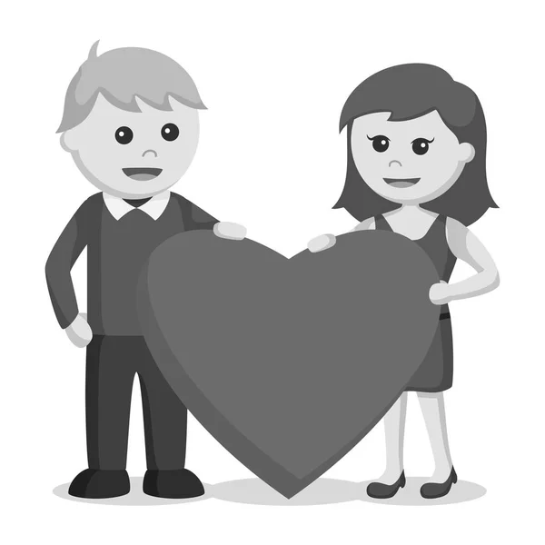 Casal Segurando Grande Coração Estilo Preto Branco — Vetor de Stock