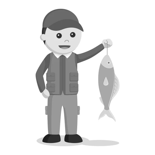Fisherman Holding Fish Black White Style — Stock Vector