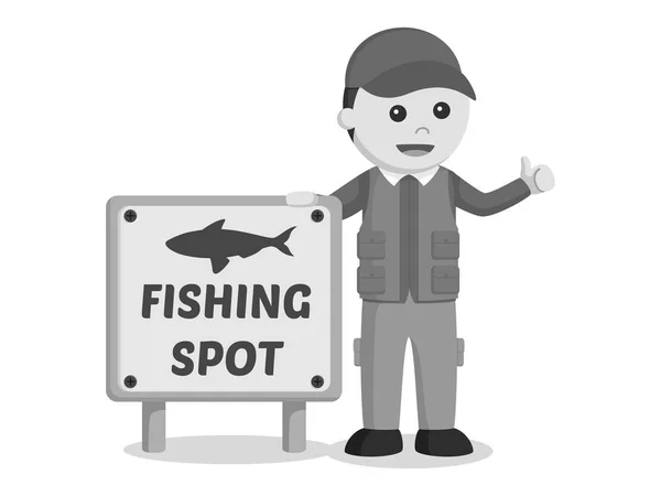 Fisherman Standing Fishing Spot Sign Black White Style — Stock Vector