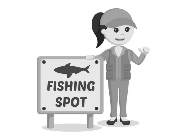 Fisher Woman Standing Fishing Spot Sign Black White Style — Stock Vector