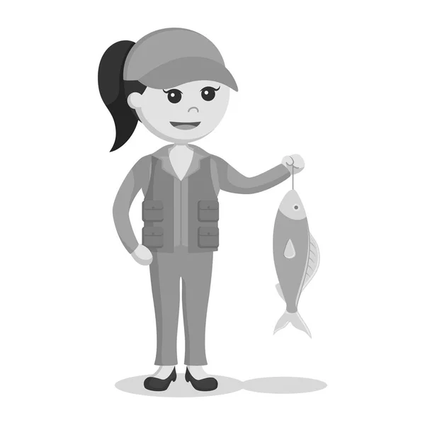 Fisher Woman Holding Fish Black White Style — стоковый вектор