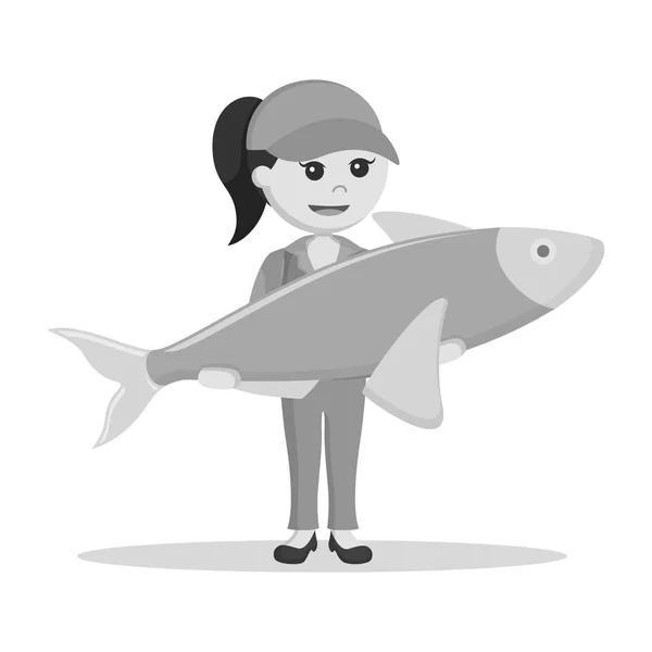 Fisher Woman Holding Giant Fish Black White Style — Stock Vector