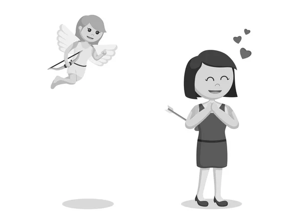 Fille Tourné Par Cupidon Noir Blanc Style — Image vectorielle