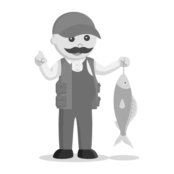 Fat Fisherman Holding Fish Black White Style — Stock Vector
