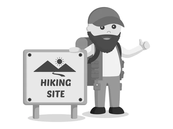 Fat Hiker Standing Hiking Site Sign Black White Style — Stock Vector