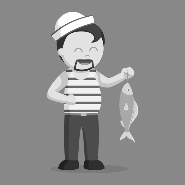 Marinero Gordo Sosteniendo Pescado Estilo Blanco Negro — Vector de stock