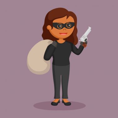 Afrikalı kadın hırsız silahla ve çuval