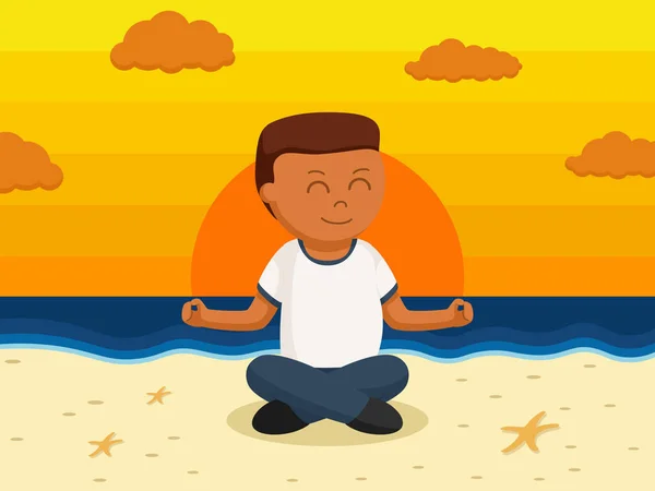 Africano Sano Grasa Hombre Meditar Playa — Vector de stock