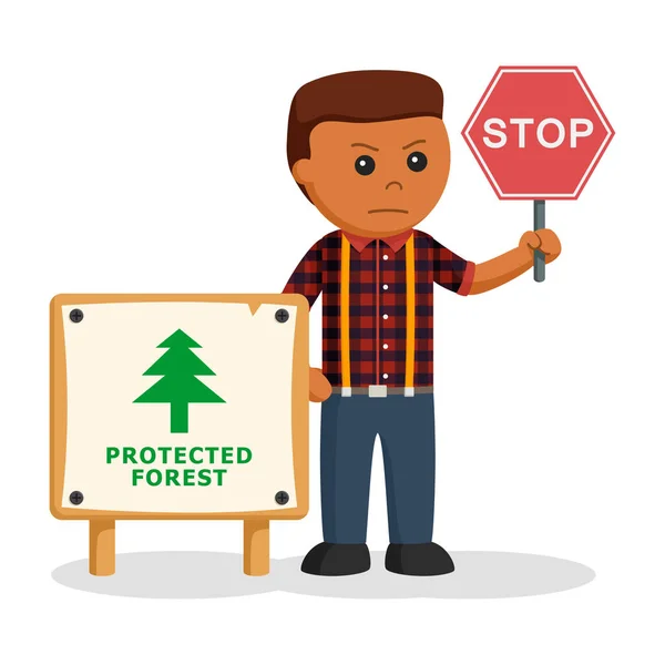 森林保護ボードと一時停止の標識がアフリカの木こり — ストックベクタ