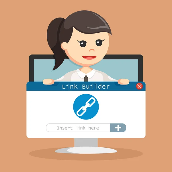 Seo Link Budova Přidržujte Podnikatelka Monitoru — Stockový vektor