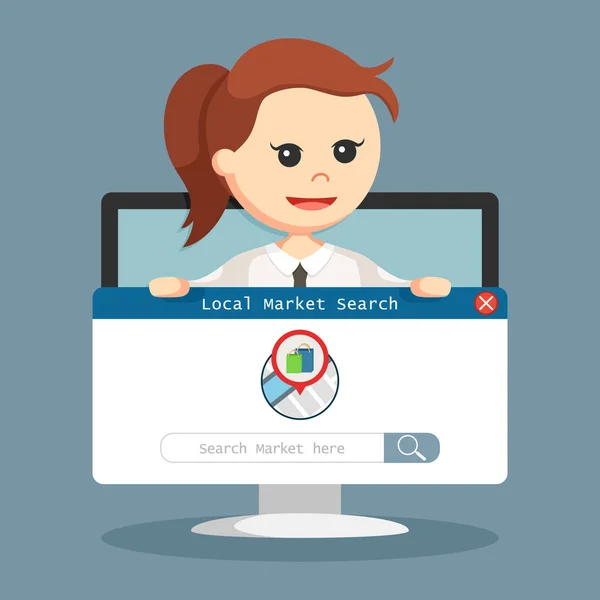 Seo Détention Marché Local Par Une Femme Affaires Dans Moniteur — Image vectorielle