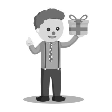 Palyaço tutun hediye kutusu vektör çizim tasarım siyah beyaz stili