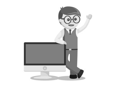 İnek office stand yanında monitör siyah beyaz stili