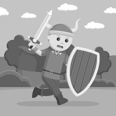 Viking asker ellerinde kalkan ve kılıç siyah ve beyaz tarzı