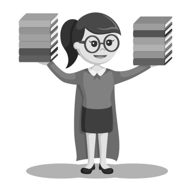 Süper kütüphaneci kız resimde siyah ve beyaz tasarım stil
