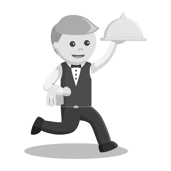 Waiter Running Holding Platter Black White Style — Stock Vector
