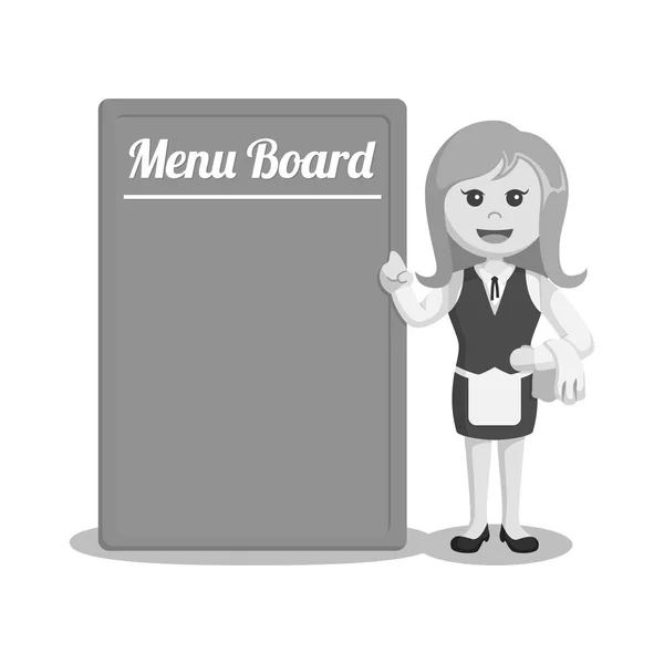 Serveur Debout Côté Grande Carte Menu Style Noir Blanc — Image vectorielle