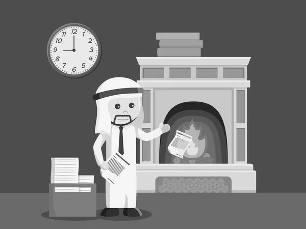 Arab Businessman Burn His Unused Paper Fireplace Black White Style — Stock Vector