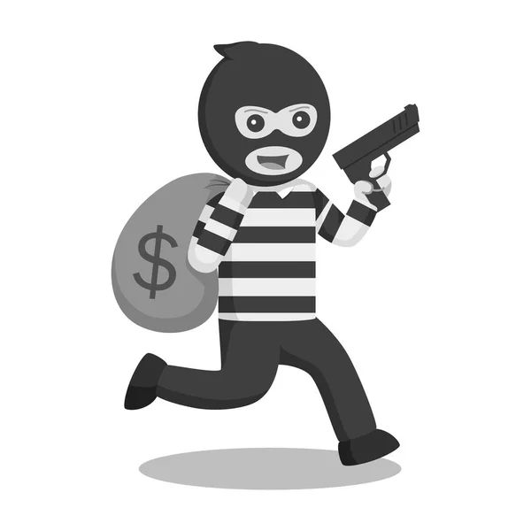 Ladrón Sosteniendo Arma Corriendo Con Dinero Estilo Blanco Negro — Vector de stock
