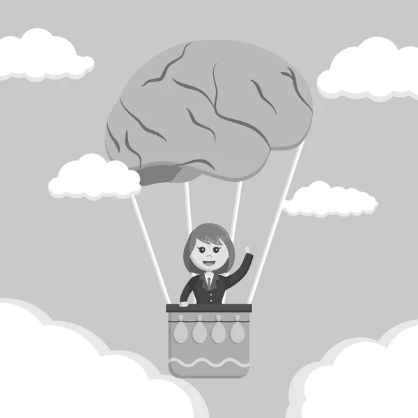 Businesswoman Ride Brain Air Balloon Black White Style — Stock Vector